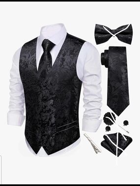 Men's Black Paisley Formal Vest, Cuff Links & Tie Set Large